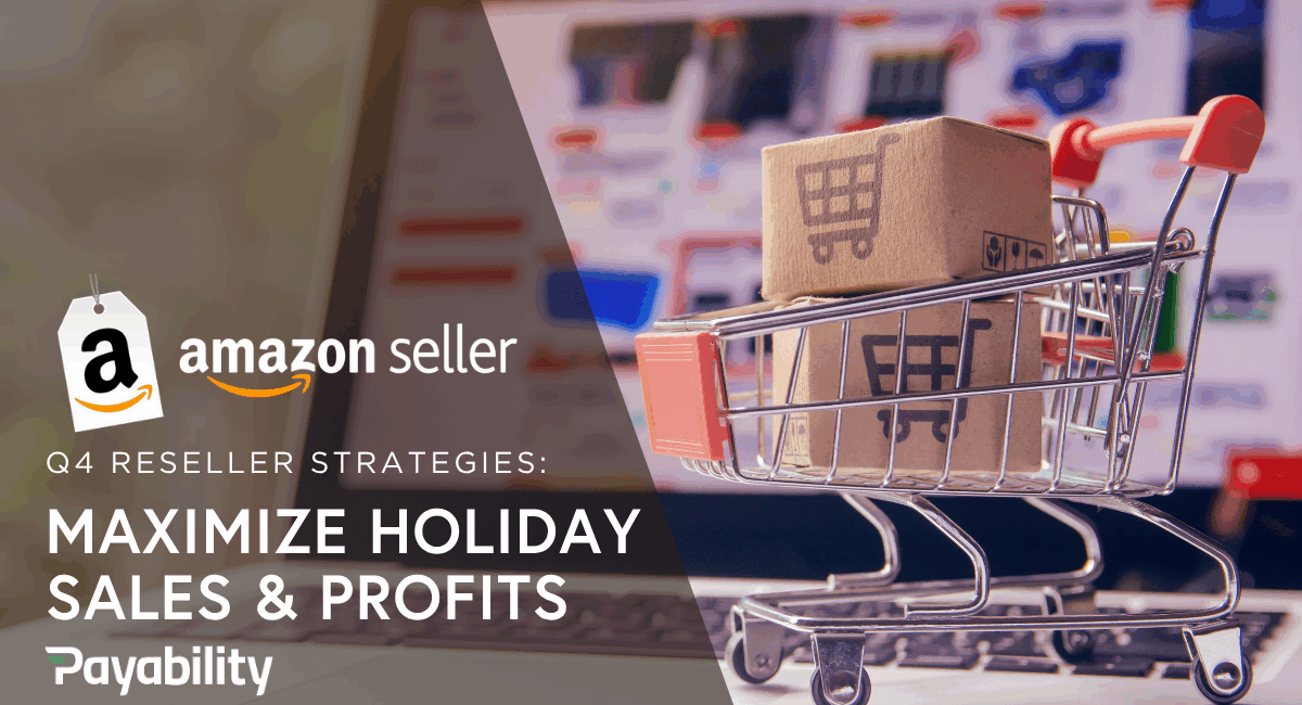 Payability Q4 Amazon Reseller Guide – Holiday Sales Strategies Banner. Featuring a shopping cart on a laptop. Maximize holiday sales & profits.